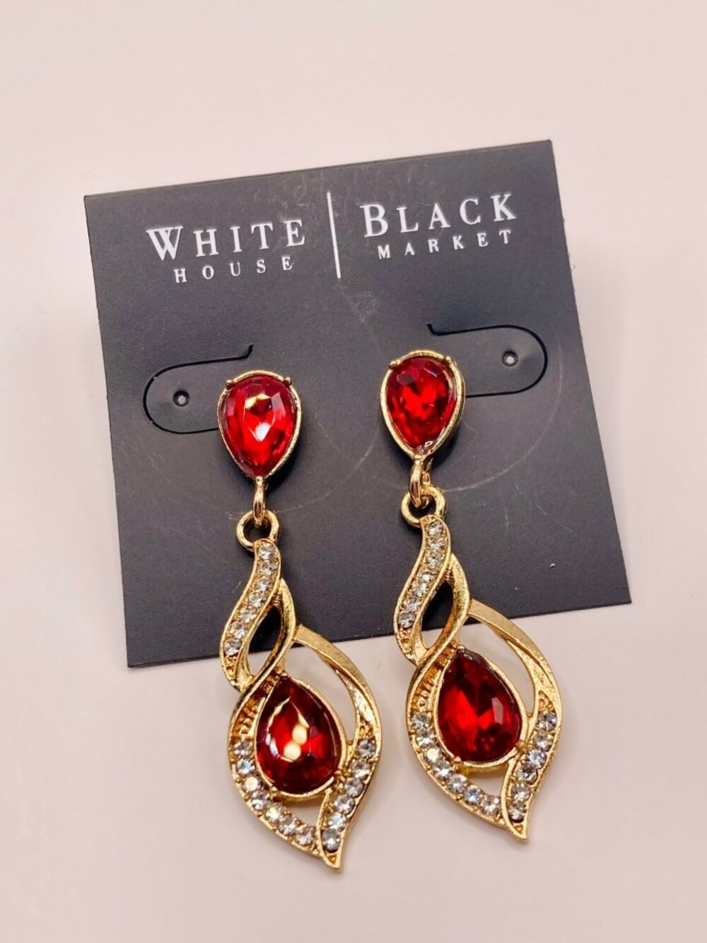 White House Black Market Gold-Tone Red Crystal Drop Earrings -41B